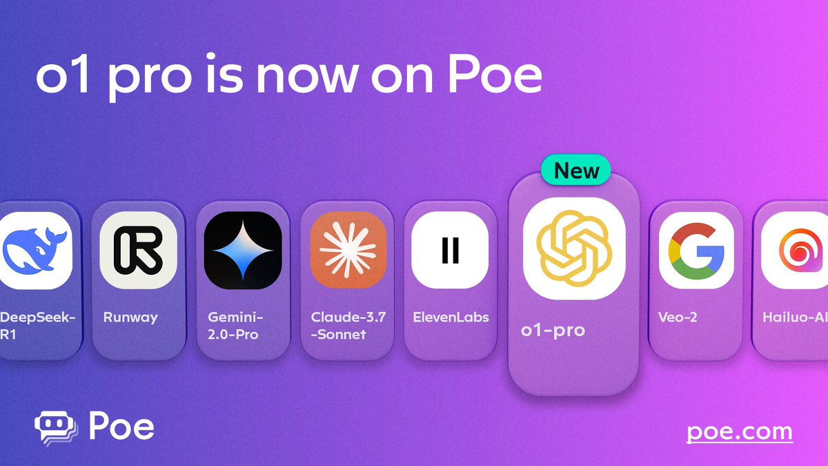 Now on Poe: o1 pro! 

OpenAI’s o1 pro is among the most powerful reasoning models available. It’s tailored for complex, compute-heavy tasks, dedicating additional thinking time to deliver more accurate, reliable answers. (1/2)