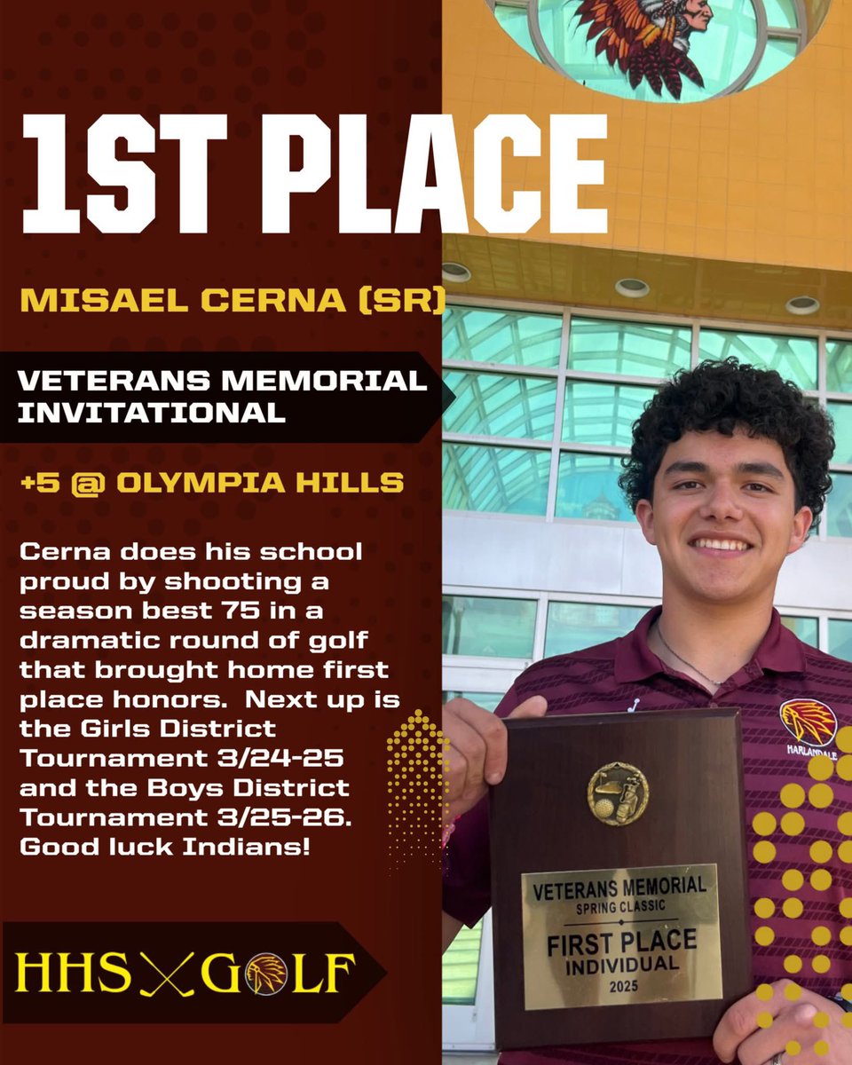 bo_camacho's tweet image. @HarlandaleISD CONGRATULATIONS to Senior, Misael Cerna, for earning 1st 🥇 Place medalist at The Olympia Hills Golf Invitational today! Great way to finish the regular season before the District Championships next week! #LINSA PRIDE 💪🏽
@HISD_Athletics
