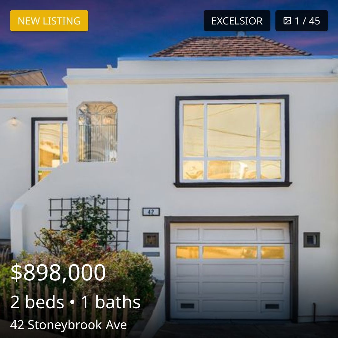 listing_feed's tweet photo. 🏠 New Listing in SF

42 Stoneybrook Ave, San Francisco, CA 94112

$898,000 · 2 beds · 1 baths · ? sqft

Excelsior

View listing details: https://t.co/27BLrasNcY

SF listing activity: https://t.co/xEzmBM2mqb

#Excelsior #for_sale #sf #sanfrancisco #sfhomes #sfre #bayarea https://t.co/2zs8baQelp