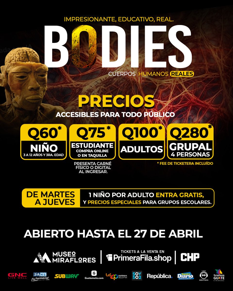 ¡Impresionante, educativo, real!  Descubre los secretos del cuerpo humano en Bodies Exhibition.

¡Te esperamos 📍en Museo Miraflores ahora hasta el 27 de abril!

Entradas a la venta aquí: bitv.ly/4hCTtHa

#BodiesExhibitionGT #Ciencia #Museo #EventosGT #MuseoMiraflores