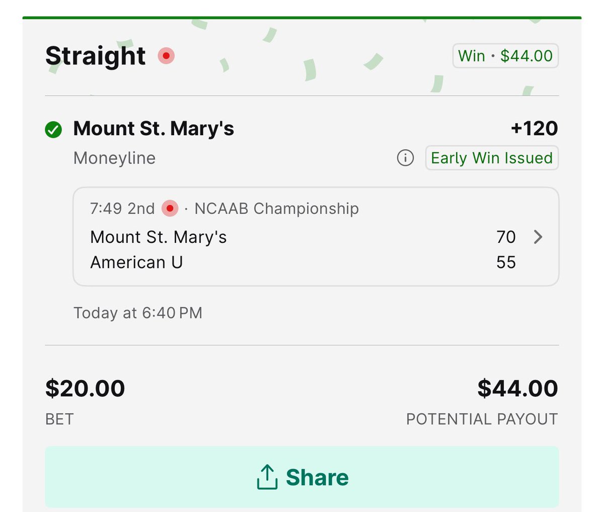 BabyMPants's tweet photo. @ESPNBET just paid me out before the game is even done 😂 #NCAATournament #maachoops #mtstmarys #playin #SportsGambling https://t.co/dHYG60DwJJ