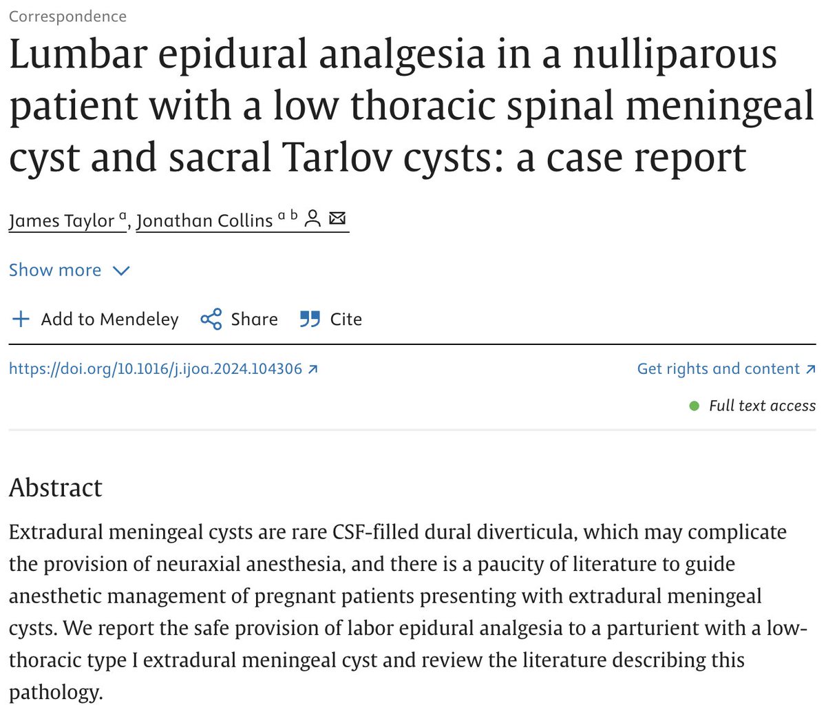 James Taylor (@jamestaylor04) on Twitter photo Almost forgot about this account...
This recently published case report in <a href="/IJOA_Journal/">International Journal of Obstetric Anesthesia</a> describes how we managed lumbar epidural analgesia in a patient with a low thoracic type I extradural meningeal cyst.
doi.org/10.1016/j.ijoa… Almost forgot about this account...
This recently published case report in <a href="/IJOA_Journal/">International Journal of Obstetric Anesthesia</a> describes how we managed lumbar epidural analgesia in a patient with a low thoracic type I extradural meningeal cyst.
doi.org/10.1016/j.ijoa…