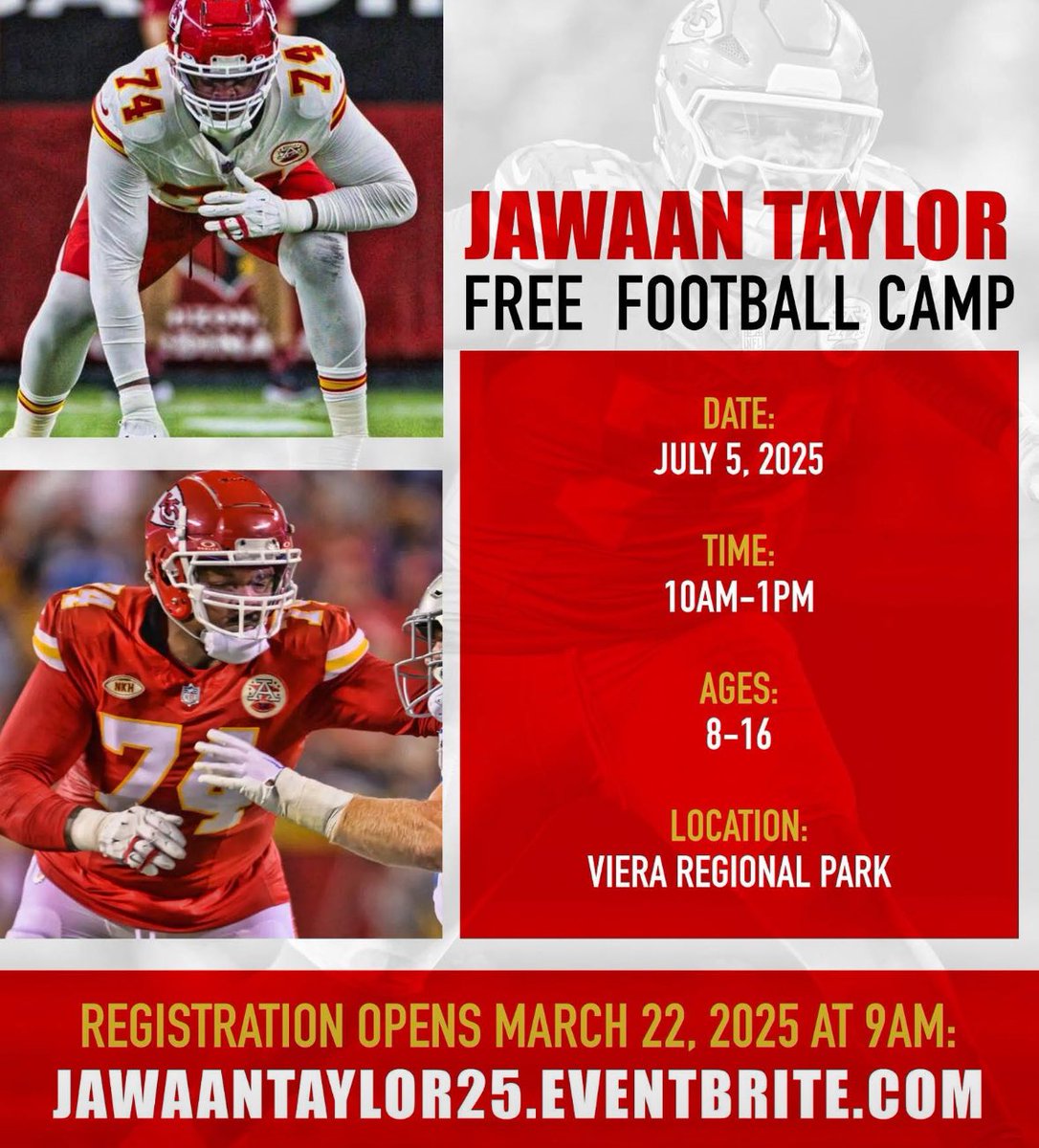 Jawaan M. Taylor’s Free NFL Camp for ages 8-16 is back by popular demand. Registration opens on Saturday, March 22nd at 9:00 am.  The camp will convene Saturday, July 5, 2025 from 10:00 am - 1:00 pm. Jawaan will be Hands on  with Lineman..