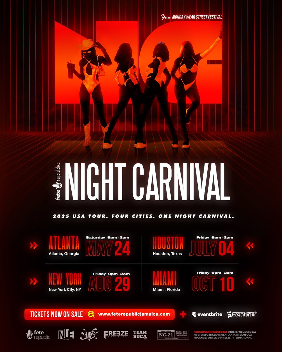 FeteRepublicJa's tweet photo. TICKETS ARE NOW ON SALE for the Night Carnival 🇺🇸 2025 US TOUR!

Get your Monday Wear &amp; Carnival Costumes READY as we take over the streets of Atlanta, Houston, New York &amp; Miami!

for tickets ⬇️
https://t.co/PGvO3ZiU1v

#NightCarnival #FeteRepublic #JoinTheRepublic https://t.co/JDNRZZtRek