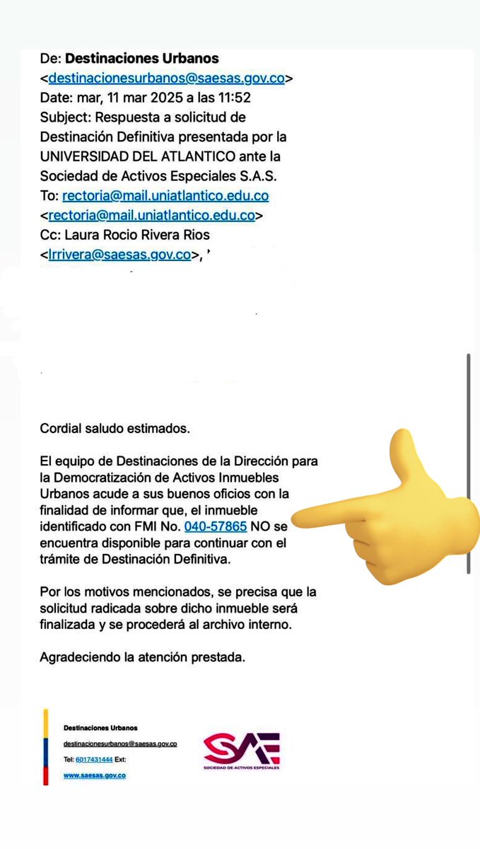 SIPTRA SAE (@siptrasae) on Twitter photo Esta fue la comunicación enviada desde la Dirección de Inmuebles de <a href="/activosSAE/">Sociedad de Activos Especiales</a> a la Universidad de Atlántico.
La patraseada de la presidenta Amelia es un triunfo del movimiento estudiantil y sindical que al denunciar hizo retroceder la decisión de: “NO se encuentra disponible” Esta fue la comunicación enviada desde la Dirección de Inmuebles de <a href="/activosSAE/">Sociedad de Activos Especiales</a> a la Universidad de Atlántico.
La patraseada de la presidenta Amelia es un triunfo del movimiento estudiantil y sindical que al denunciar hizo retroceder la decisión de: “NO se encuentra disponible”