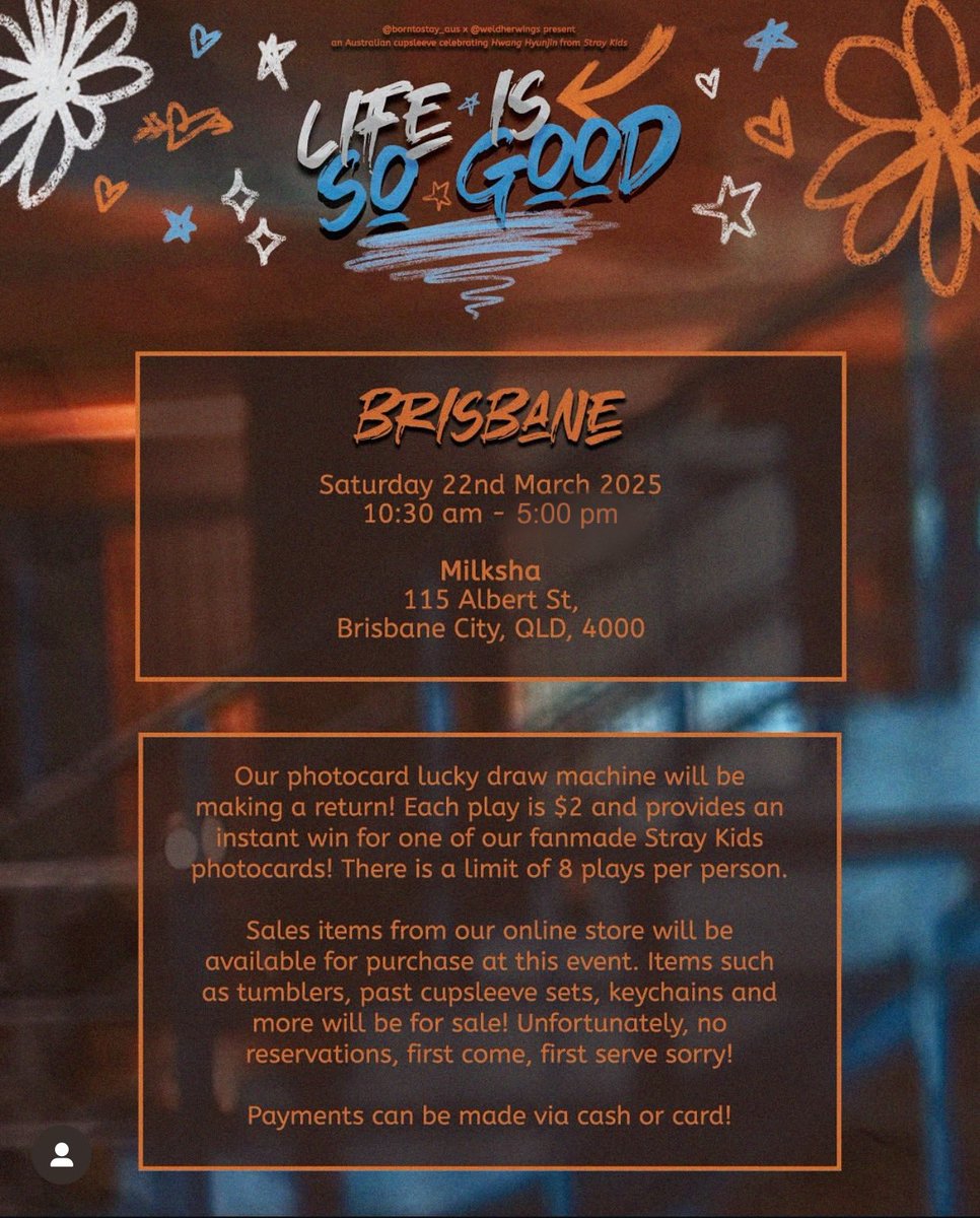 BrisKpopFans's tweet photo. Event Reminder: THIS WEEKEND! (SAT 22ND- SUN 23RD)

🧋SKZ - ANNI / Hyunjin / IN Cupsleeve Event 
🕚 10:30 AM - 5:00PM
📍 Milksha, Albert street, Brisbane CBD

🧋P1harmony Soul Cupsleeve Event
🕚 1PM - 3PM
📍 Meet Tea and Coffee, 300 George St Brisbane https://t.co/Dec37YQeLf