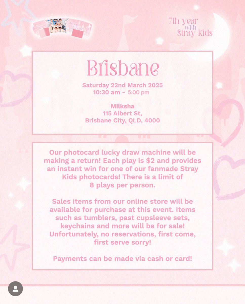 BrisKpopFans's tweet photo. Event Reminder: THIS WEEKEND! (SAT 22ND- SUN 23RD)

🧋SKZ - ANNI / Hyunjin / IN Cupsleeve Event 
🕚 10:30 AM - 5:00PM
📍 Milksha, Albert street, Brisbane CBD

🧋P1harmony Soul Cupsleeve Event
🕚 1PM - 3PM
📍 Meet Tea and Coffee, 300 George St Brisbane https://t.co/Dec37YQeLf