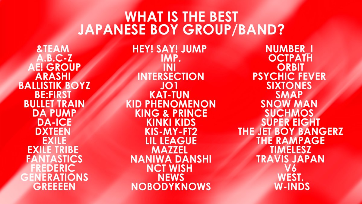 🚨 What is the best Japanese boy group/band?

👉 You can vote as many times as you want!
📅 Every day the nominees with the least votes are eliminated!

🔗 VOTE: dabeme.com.br/jpop/