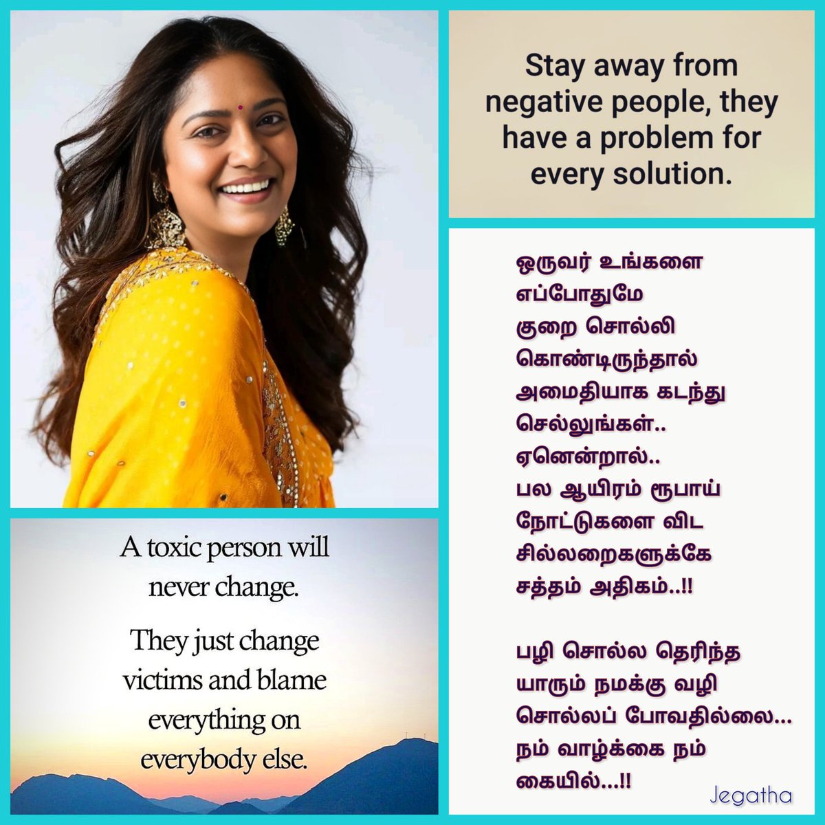 p_jegatha's tweet photo. ஏமாற்றுபவர்கள்,
அவமதிப்பவர்கள்,
துஷ்பிரயோகம்
செய்பவர்கள்,
விமர்சிப்பவர்கள்
மற்றும் உங்களை தாழ்த்தி பேசுபவர்களிடமிருந்து
விலகியே இருங்கள்..!! 👍
Stay away from..
deceivers,
disrespecters,
abusers,
critics and those who
talk down you..!! ✨
#GoodMorning #BePossitive https://t.co/MtMErQGCrA
