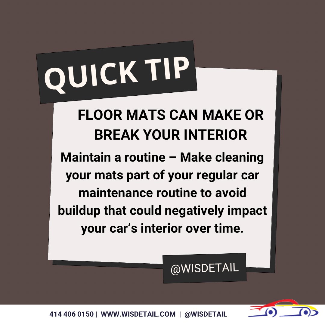 WisDetail's tweet photo. Quick Tip: Keep your car looking fresh by vacuuming your floor mats regularly! A little upkeep goes a long way in protecting your car’s interior and preventing dirt buildup. 🚗✨ #CarDetailing #CleanCar #quicktip https://t.co/DBmXH90ko7