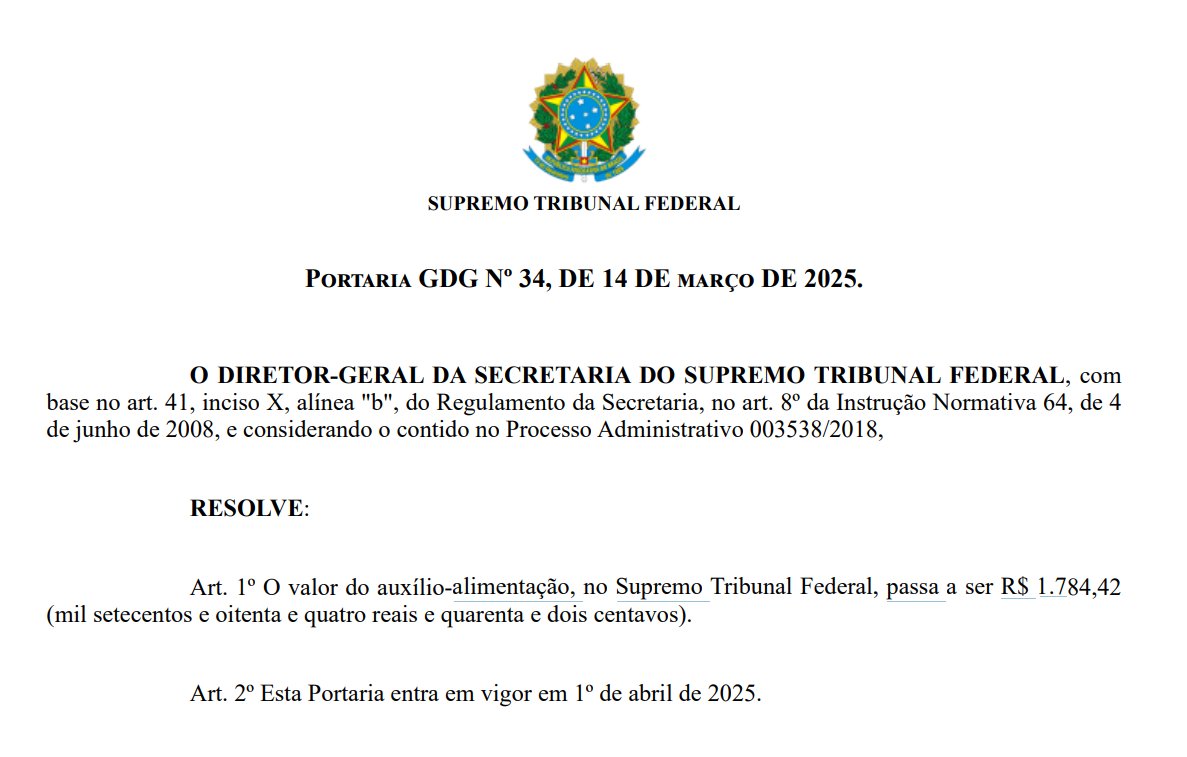 RhuanBAdvogado's tweet photo. Vocês viram isso?

No dia 1º de abril, entra em vigor a portaria do STF que aumentará o Vale-Alimentação de TODOS os funcionários do tribunal para R$ 1.784,42.

Isso causa um efeito cascata em todo o Brasil, ou seja, TODOS os servidores de tribunais receberão uma VA maior do que o Salário Mínimo do brasileiro.

https://t.co/IkiNjRKxTw
