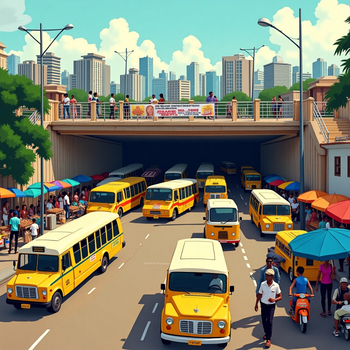 SlyAdetox's tweet photo. I jus created A vibrant, cartoon-style of Oshodi Underbridge in Lagos, Nigeria, capturing the bustling energy of the area. The scene is filled with yellow Danfo buses, Okadas (motorbikes), and street vendors selling goods under colorful umbrellas. Kindly rate #alxafrica #wike https://t.co/GQGaqiYXEd