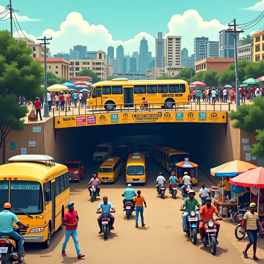 SlyAdetox's tweet photo. I jus created A vibrant, cartoon-style of Oshodi Underbridge in Lagos, Nigeria, capturing the bustling energy of the area. The scene is filled with yellow Danfo buses, Okadas (motorbikes), and street vendors selling goods under colorful umbrellas. Kindly rate #alxafrica #wike https://t.co/GQGaqiYXEd