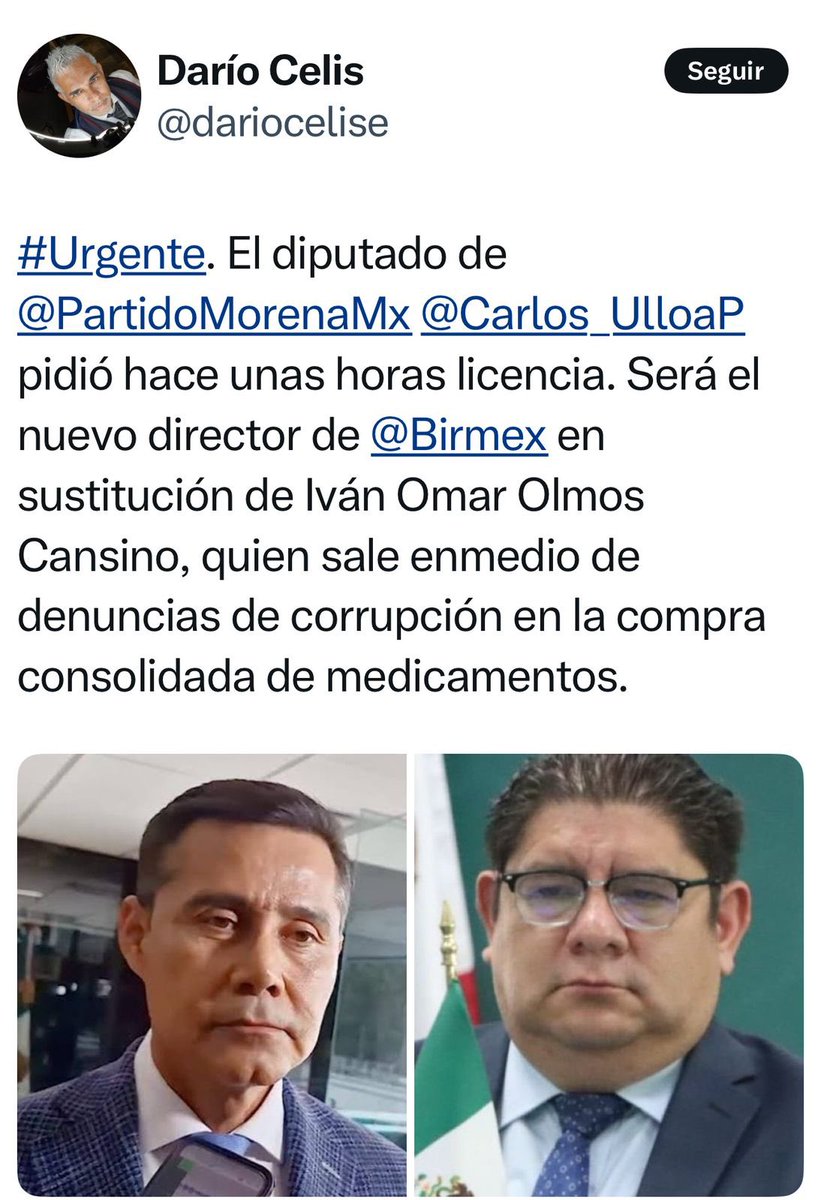 isain's tweet photo. #CORRIJO El diputado federal originario de Chiapas y excolaborador en el gobierno de la CDMX, de máxima confianza de la presidenta @Claudiashein, Carlos Alberto Ulloa Pérez asume la DIRECCIÓN GENERAL de @Birmex
Mil disculpas por el desliz. https://t.co/BXIPp9CqjG