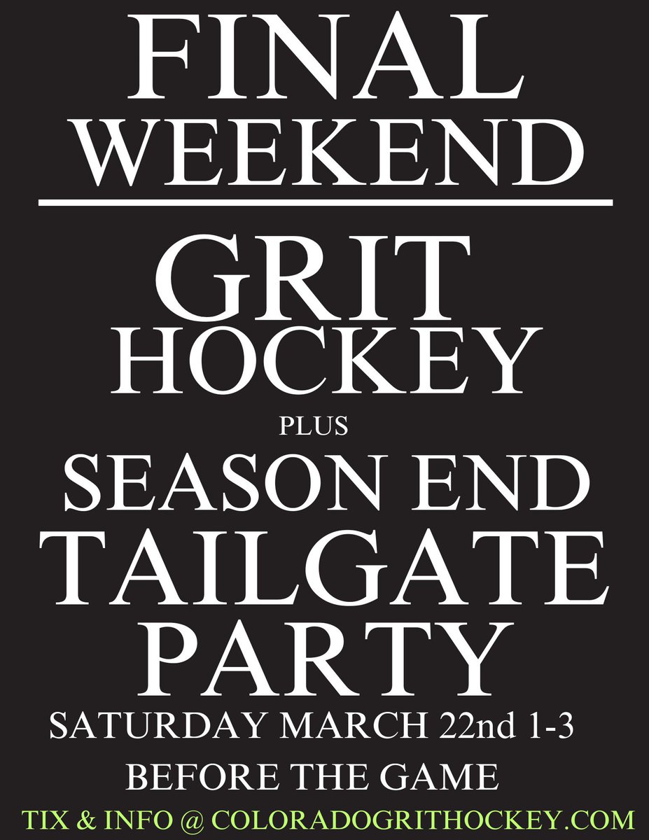 Do you have your tickets yet?  Hurry! It’s going to be an epic wrap up of our regular season games - this Friday and Saturday. 

coloradogrithockey.com

#Hockey #NAHL #RegularSeason #Colorado #GRIT