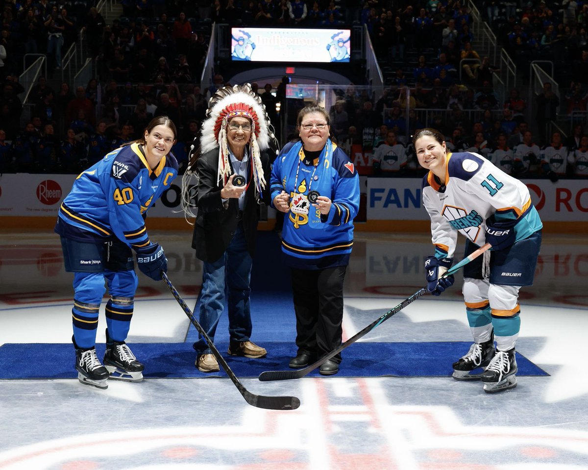 PWHL_Toronto's tweet image. It was an absolute honour having trailblazers and Indigenous rights advocates, Marian Jacko and Chief Wilton Littlechild, drop the puck at our first Indigenous Heritage Unity Night! 🙌