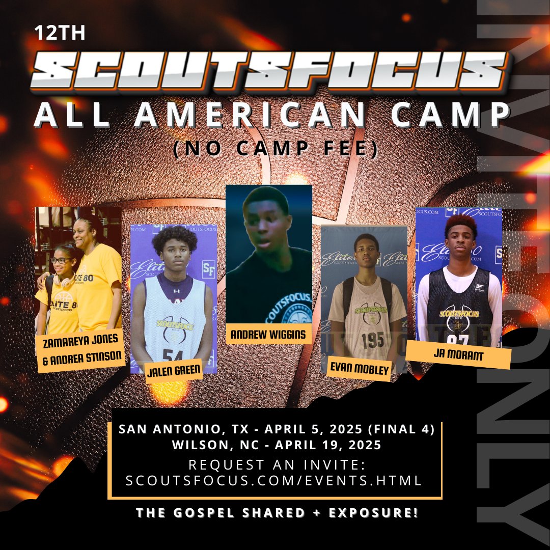 scoutsfocus's tweet photo. 🏀 MAJOR UPDATE! 📷FREE, invite-only, gospel-centered All American camps:

📍San Antonio, TX - Sat, Apr 5 (NCAA Final 4 location w/ 1000s of college coaches in town!)  (@Ani_Umana NBAPA Top 100 Voter & Alan Branch @XCCELERATEDSM Directing!)

📍Wilson, NC - Sat, Apr 19. Elite competition awaits📈!

Invite Request: https://t.co/VmPt7hTxgQ

#ScoutsFocus #SFAACAMP