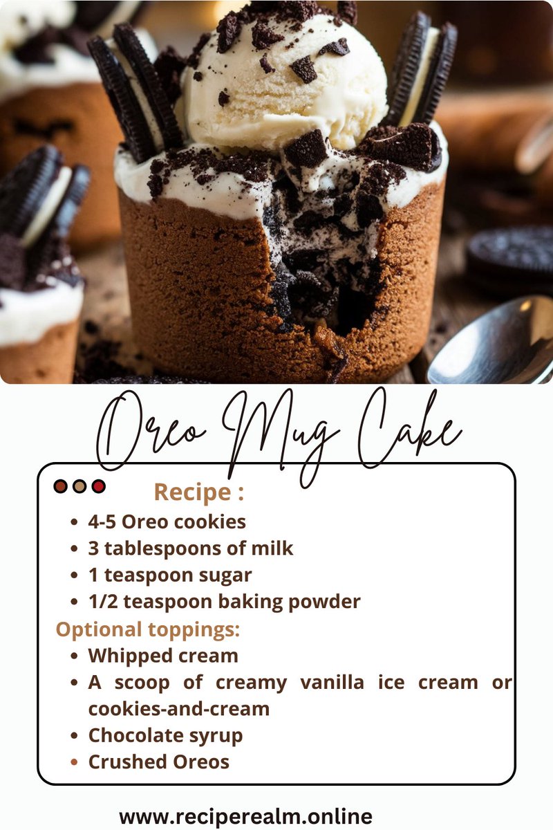 RecipeRealm1's tweet photo. Easy Oreo Mug Cake Recipe: A Quick 5-Minute Dessert Fix! 🍪🍰

👉 Get the full recipe : https://t.co/PXwUpS2oFZ

#OreoMugCake #QuickDessert #5MinuteRecipe #EasyBaking #MugCake https://t.co/VS2EUtwoyB