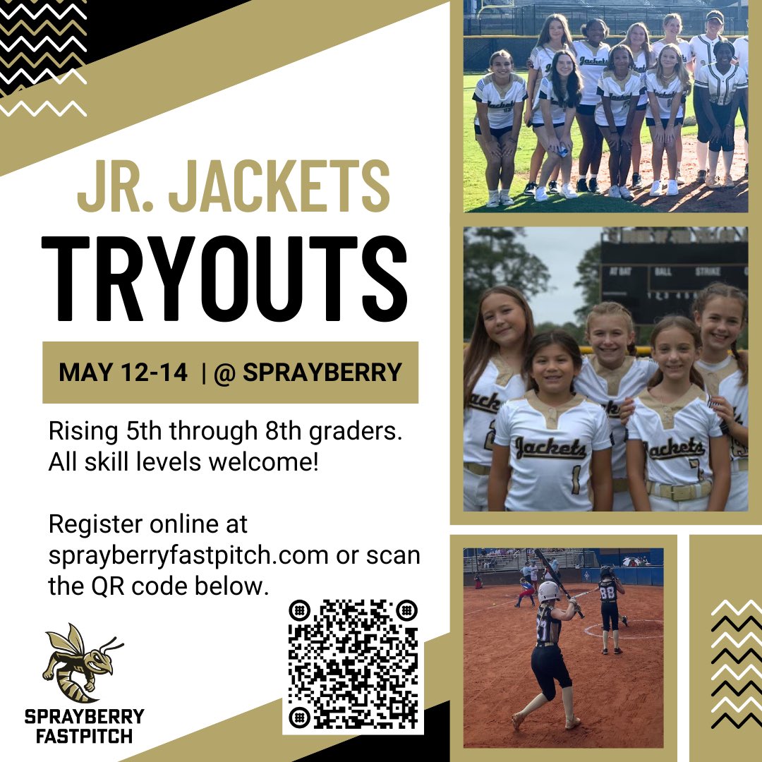 Sprayberry Fastpitch (@shsfastpitch1) on Twitter photo Are you a rising 5th through 8th grader interested in playing Jr. Jackets softball? Tryouts will be held May 12-14. If you have questions contact Kris Dorsey at krisdorsey87@gmail.com. Are you a rising 5th through 8th grader interested in playing Jr. Jackets softball? Tryouts will be held May 12-14. If you have questions contact Kris Dorsey at krisdorsey87@gmail.com.