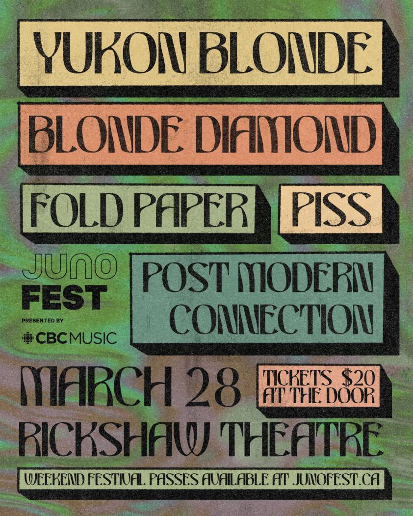 Rickshaw Theatre (@rickshawtheatre) on Twitter photo <a href="/JUNOfest/">JUNOfest Presented by CBC Music</a> is almost here!
<a href="/yukonblonde/">Yukon Blonde</a> with <a href="/bldiamondmusic/">Blonde Diamond</a>, <a href="/FoldPaperMusic/">Fold Paper</a>, #PISS & <a href="/PMCBAND/">Post Modern Connection</a> perform on March 28 at The Rickshaw.
Fest passes: junoawards.ca
$20 door tickets
RSVP: bit.ly/41GFWI1
Presented by <a href="/CBCMusic/">CBC Music</a> & <a href="/TheJUNOAwards/">The JUNO Awards</a> #JUNOS #CBCMusic <a href="/JUNOfest/">JUNOfest Presented by CBC Music</a> is almost here!
<a href="/yukonblonde/">Yukon Blonde</a> with <a href="/bldiamondmusic/">Blonde Diamond</a>, <a href="/FoldPaperMusic/">Fold Paper</a>, #PISS & <a href="/PMCBAND/">Post Modern Connection</a> perform on March 28 at The Rickshaw.
Fest passes: junoawards.ca
$20 door tickets
RSVP: bit.ly/41GFWI1
Presented by <a href="/CBCMusic/">CBC Music</a> & <a href="/TheJUNOAwards/">The JUNO Awards</a> #JUNOS #CBCMusic
