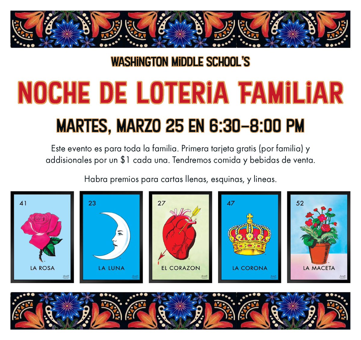 :Generals, mark your calendars for next Tuesday night! 🎉
Join us for Family Lotería Night at Washington from 6:30 - 8:00 PM. 🏠🎲
Don’t miss out! #FamilyNight #TheGeneralWay #Loteria