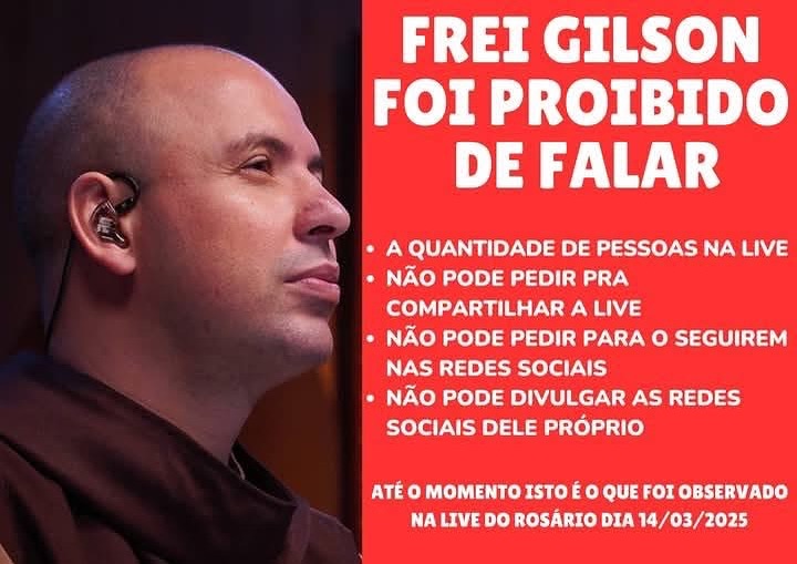 TomRipley22's tweet photo. FREI GILSON PROIBIDO, PELA JUSTIÇA...
Por perseguição da esquerda, cancelaram seu zap, suspenderam seu Instagram por 30 dias e o proibiram de divulgar vaias coisas. 
Mas, a gente pode divulgar: Instagran: @freigilson_somdomonte
X: @FreiGilsonCMES https://t.co/gqLByb4IBH