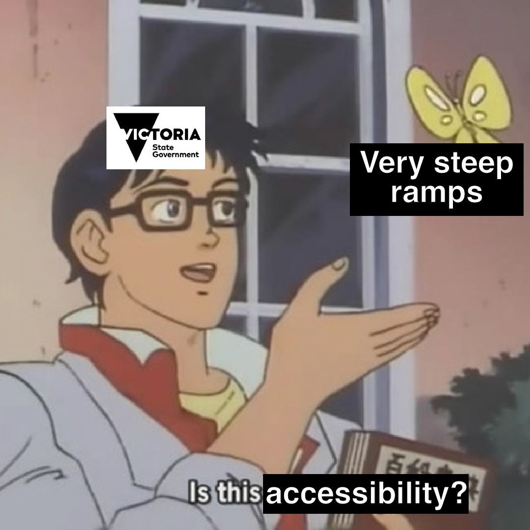 Streets Alive Glen Eira (@streetsalivege) on Twitter photo The Victorian Government, thinks the ridiculously steep ramps at Caulfield Station are ok.🙃♿️
Spoiler: They’re more than twice as steep as they should be!
Public transport should be for everyone. Sign the petition to fix this! 🚆✍️ 
chng.it/J5tj6Fht6f The Victorian Government, thinks the ridiculously steep ramps at Caulfield Station are ok.🙃♿️
Spoiler: They’re more than twice as steep as they should be!
Public transport should be for everyone. Sign the petition to fix this! 🚆✍️ 
chng.it/J5tj6Fht6f
