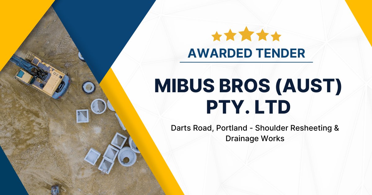 🎖️Awarded Tender🎖️

A big congratulations to another successful subscriber, Mibus Bros, for being awarded the Shoulder Resheeting &amp; Drainage Works Tender for Glenelg Shire Council! 

Check out their projects 👇
hubs.ly/Q03ct3n-0