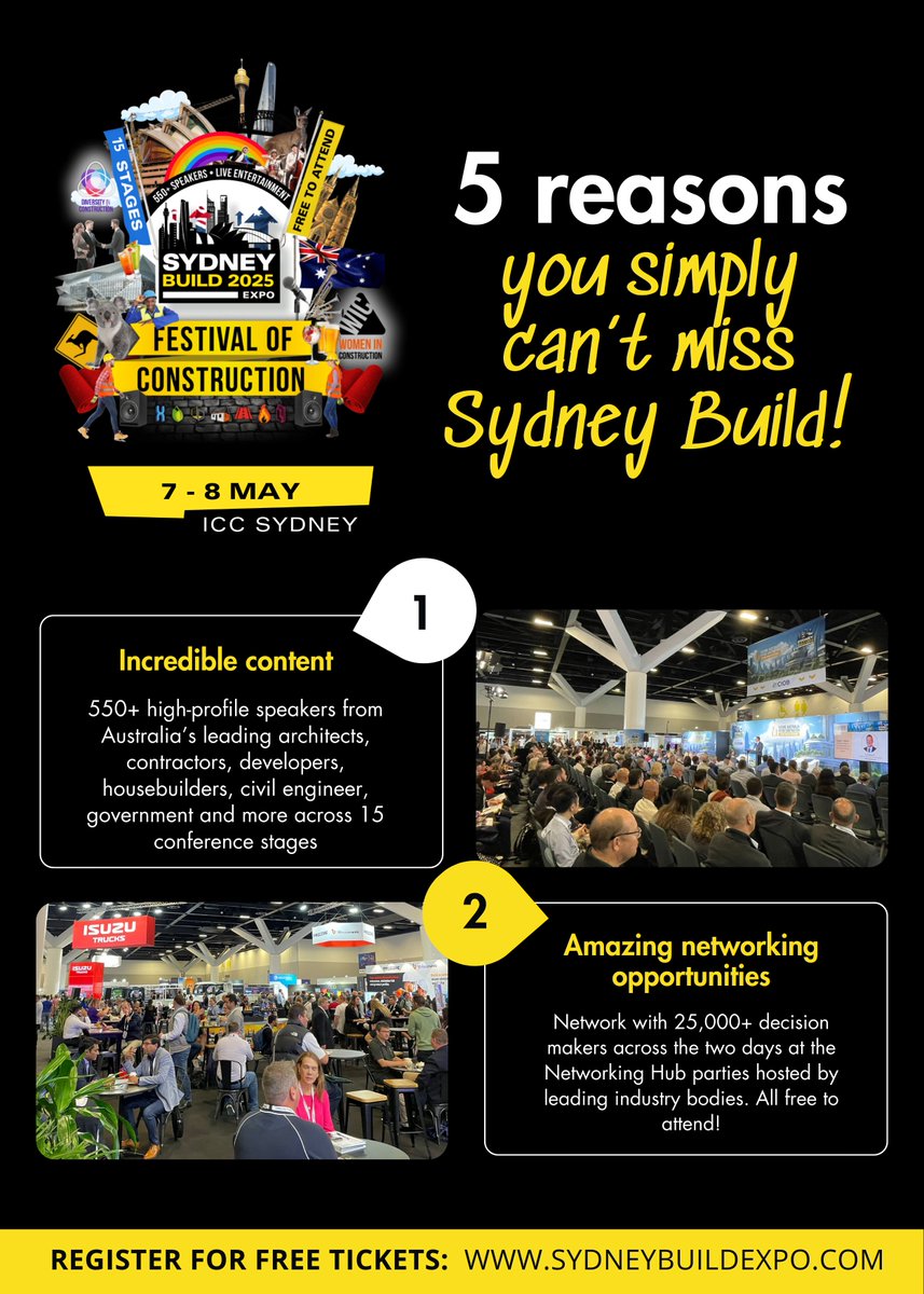 SydneyBuildExpo's tweet image. Here are 5 reasons you can’t miss Sydney Build this year! 🚨

✨ Incredible Content
 🤝 Amazing Networking Opportunities
 🎉 Jam-Packed Entertainment
 🔧 Live Demos &amp;amp; Innovation
 🏛️ Government Hub &amp;amp; Architect’s Hub

Register your free tickets today!🎟️ Link in bio.

#sydneybuild