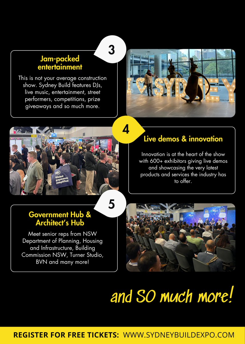 SydneyBuildExpo's tweet image. Here are 5 reasons you can’t miss Sydney Build this year! 🚨

✨ Incredible Content
 🤝 Amazing Networking Opportunities
 🎉 Jam-Packed Entertainment
 🔧 Live Demos &amp;amp; Innovation
 🏛️ Government Hub &amp;amp; Architect’s Hub

Register your free tickets today!🎟️ Link in bio.

#sydneybuild