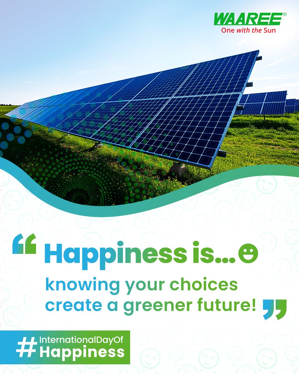 True happiness is knowing your choices create a greener future! 

This #InternationalDayOfHappiness, let’s celebrate the joy of sustainability and the power of clean energy. 

#Waaree #GreenChoices #SustainableFuture #InternationalDayOfHappiness