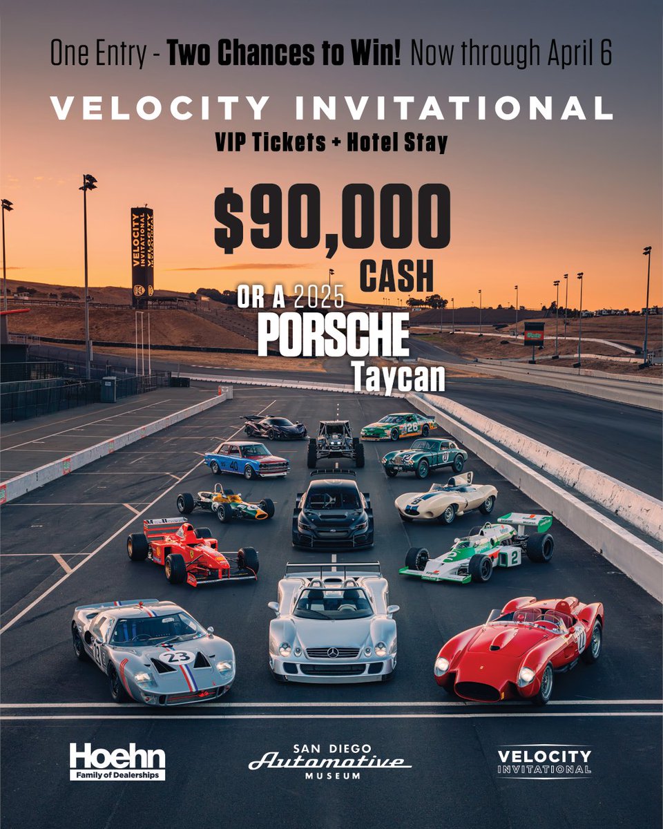 Now through April 6! One Entry – Two Chances

Win Two VIP Tickets to Velocity Invitational + Hotel Stay: June 6-8, 2025 in Sonoma, California (Airfare not included) AND be entered to win our grand prize: $90,000 or a 2025 Porsche Taycan.

bit.ly/X10TKPC

<a href="/VelocityInv/">Velocity Invitational</a>