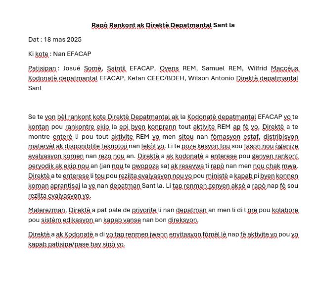 Rapò rankont Direktè depatmantal Edikasyon Sant la avèk reprezantan REM yo.