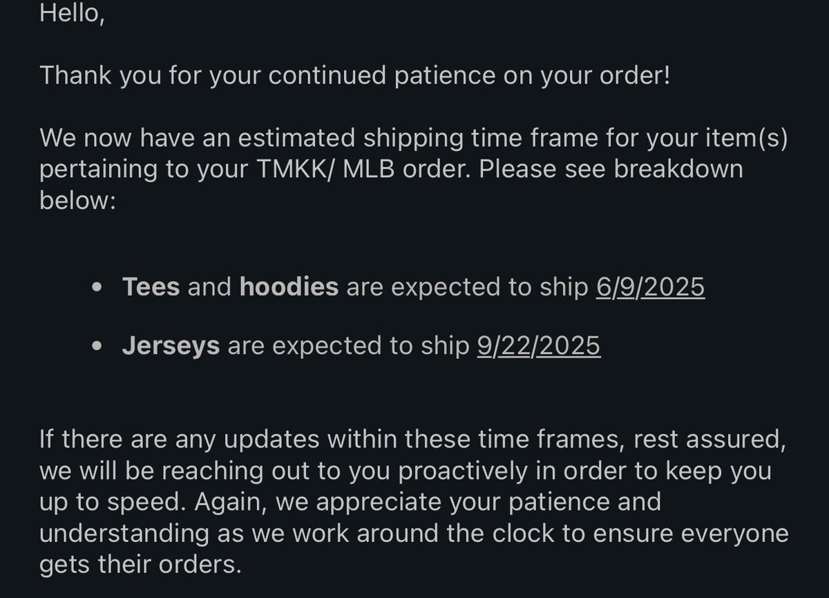 RoseyRodriguez_'s tweet photo. I just got this email from #Complex.
WTF DO YOU MEAN MY TAKASHI MURAKAMI JERSEY WILL SHIP UNTIL 9/22/2025???
What the hell did I drop $280 for to get it 6 months later?????
I’m so triggered!!! #Dodgers #mlbshop # https://t.co/m24RL3MbZY