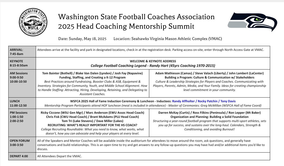 WSFCA (@wsfca1) on Twitter photo WSFCA announces the 2025 New/Aspiring Head Coach Mentor Program.
Partnering w/ the <a href="/Seahawks/">Seattle Seahawks</a> to put on a full day of education!
A Dozen legendary WA Coaches share what it takes to build & maintain a program for the long haul!
sites.google.com/view/wsfca/hom…
wsfca1@gmail.com WSFCA announces the 2025 New/Aspiring Head Coach Mentor Program.
Partnering w/ the <a href="/Seahawks/">Seattle Seahawks</a> to put on a full day of education!
A Dozen legendary WA Coaches share what it takes to build & maintain a program for the long haul!
sites.google.com/view/wsfca/hom…
wsfca1@gmail.com