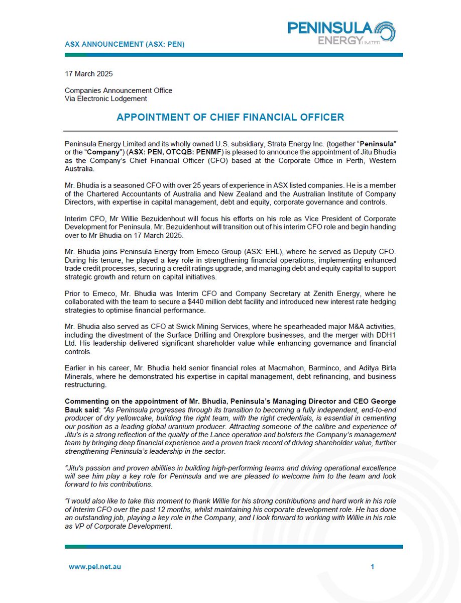 PEN_Energy's tweet image. $PEN is pleased to announce the appointment of Jitu Bhudia as the Company’s CFO based at the Corporate Office in Perth, Western Australia.
Mr. Bhudia is a seasoned CFO with over 25 years of experience working with ASX listed companies.
See announcement: bit.ly/4bXy0Xh