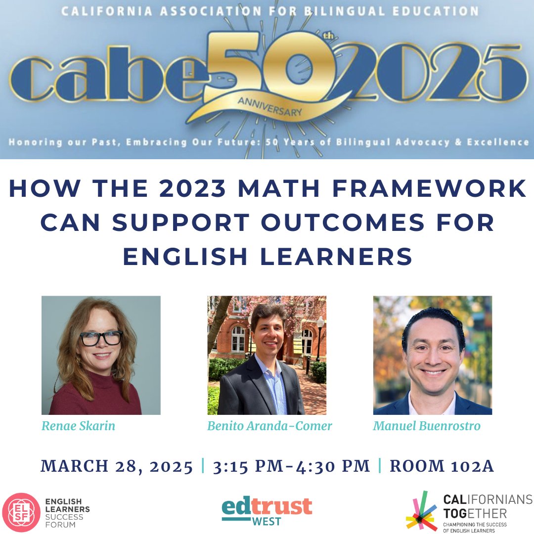 Excited for #CABE2025? Join our session: How the 2023 Math Framework Can Support Outcomes for English Learners
📅 March 28 | 3:15 PM - 4:30 PM | Room 102A
Let’s discuss how to ensure math success for multilingual learners! 
#MLL #BilingualEd #MathEducation #CABE2025