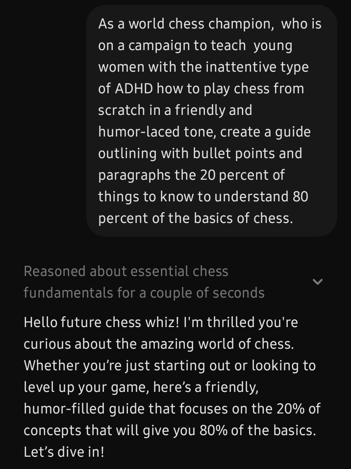 beulah_agiande's tweet image. Day 1 of #AiSK 
Demonstrating Prompting Techniques and basic components of a prompt!
Using @ChatGPTapp , here is what I  came up with :
#ChatGPTapp
#chesspunks 
#chess
#ALX_AiSK