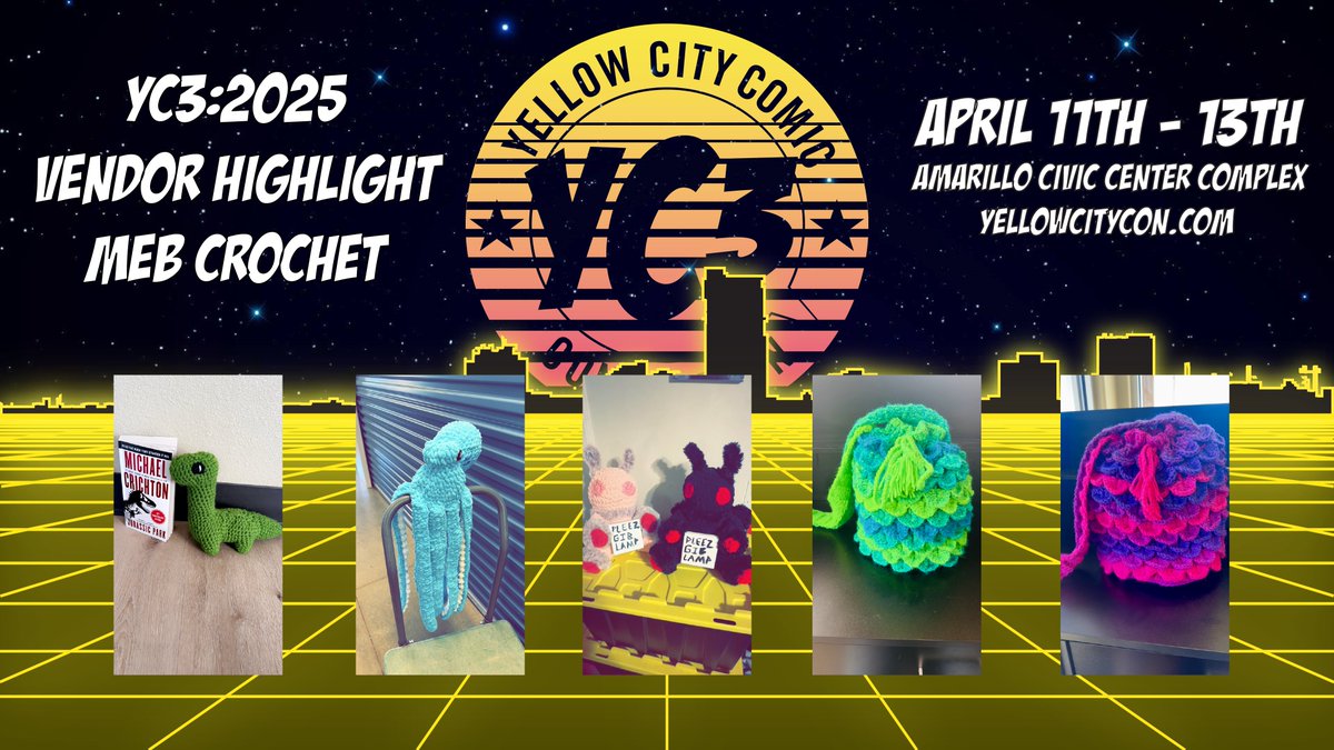 yellowcitycon's tweet photo. YC3:2025 Vendor Highlight: MEB Crochet!

Cute fandom and creature themed crochet plushies, bags, shawls and more!

Get your tickets here:
https://t.co/QrFAwI6QOy https://t.co/Oj4YUYmBmq