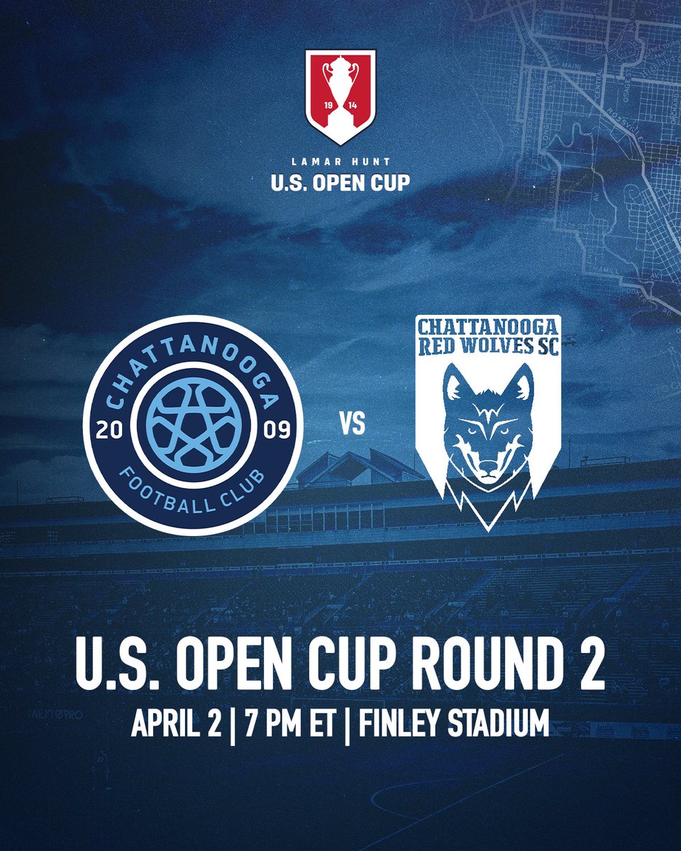ChattanoogaFC's tweet image. We will host Red Wolves in the second round of @opencup at Finley Stadium on April 2. 

Tickets are now live » hubs.li/Q03cFbz40

#ThisIsHome | #USOC2025