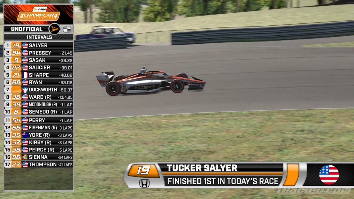 ABN eSports (@abnesports_us) on Twitter photo The points leader extends his advantage! Tucker Salyer goes 2 for 2 on the road courses to win in Alabama, ahead of Nicholas Pressey and Eli Sasak.
Next week, the series heads back to an oval, racing under the lights at Texas.
<a href="/ABN_Studios/">ABN Studios</a> | #ABNChampCar The points leader extends his advantage! Tucker Salyer goes 2 for 2 on the road courses to win in Alabama, ahead of Nicholas Pressey and Eli Sasak.
Next week, the series heads back to an oval, racing under the lights at Texas.
<a href="/ABN_Studios/">ABN Studios</a> | #ABNChampCar