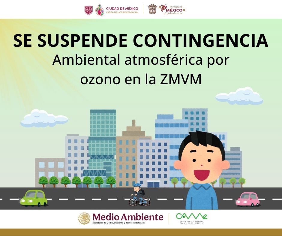 #ComunicadoCAMe 
Se suspende la contingencia ambiental atmosférica por ozono en la ZMVM y sus medidas a partir de las 19:00hrs del día de hoy.
Más información en bit.ly/4hiEykw
#CuidemosElAireQueRespiramos 🍃