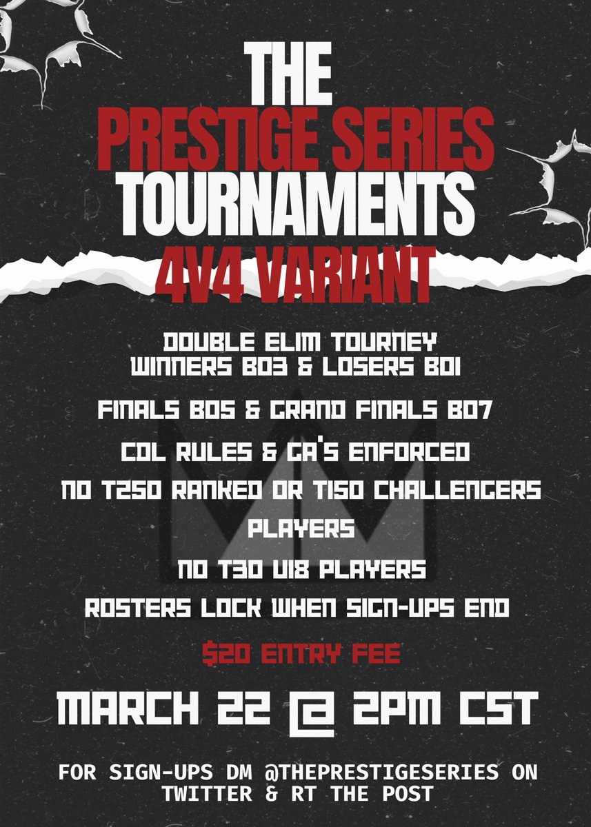 ⚔️4v4 LowTier Variant⚔️

💰$20 Entry Fee ($5 per player)
📅March 22@ 2pm CST 
 📘CDL RULES &amp; GA's APPLY 
🏆 $200 Grand Prize Based Off 10 teams

🚨DM to Sign-Up🚨