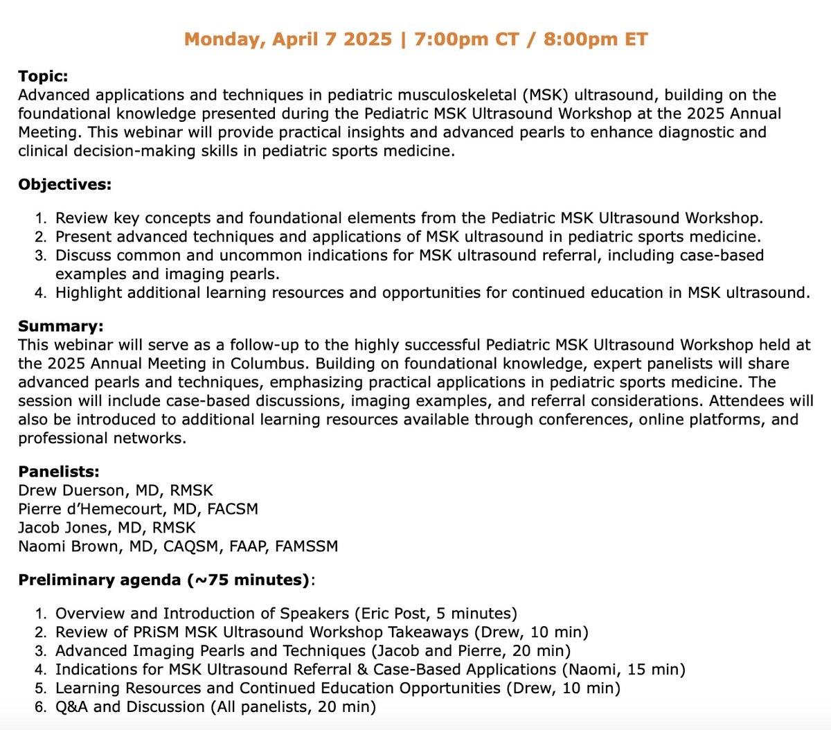 Upcoming PRiSM Webinar

Beyond the Basics of Pediatric
Musculoskeletal Ultrasound

Register here for free

us06web.zoom.us/webinar/regist…