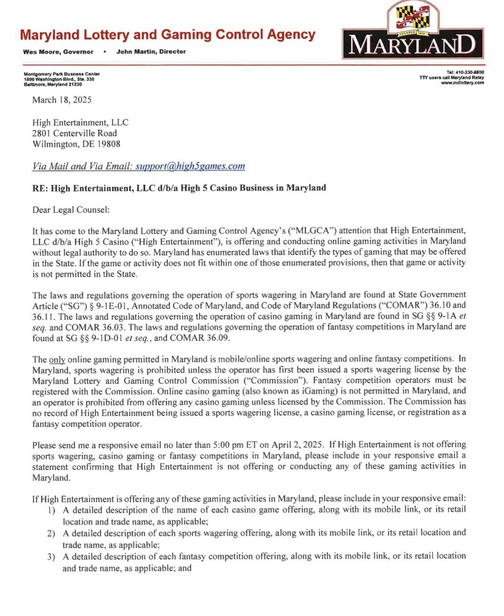 WALLACHLEGAL's tweet image. BREAKING: Maryland has sent a cease-and-desist letter to sweepstakes casino operator High Entertainment LLC, doing business in MD as “High 5 Casino,” accusing it of “offering and conducting online gaming activities in Maryland without legal authority to do so.”
