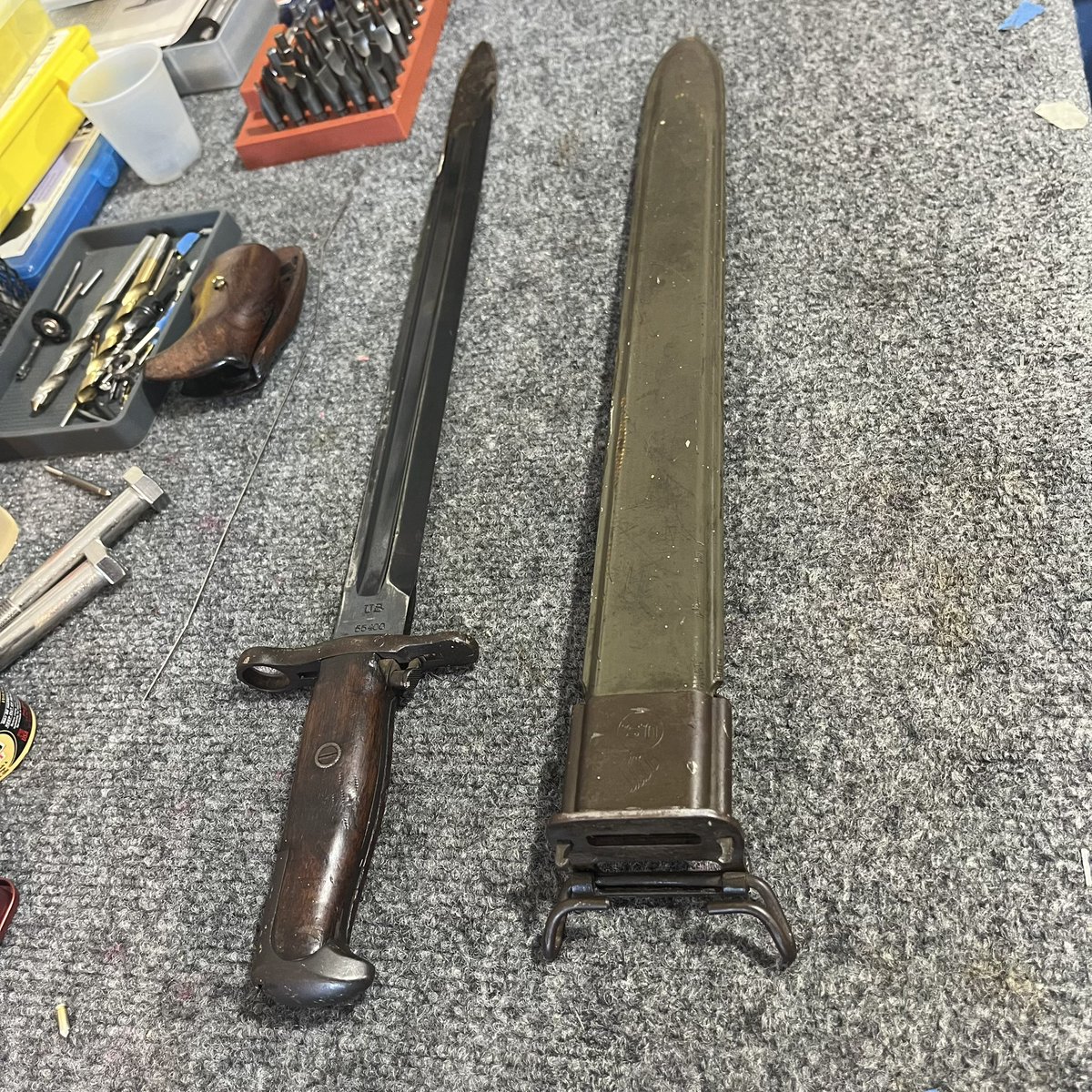 Armory1776's tweet photo. Something other than a firearm came into the shop today! A Springfield 1903 bayonet with a WWII scabbard.  Came in for a problem with the clasp but all is good now.  Nice piece of American militaria. https://t.co/eVsqaTXA4i