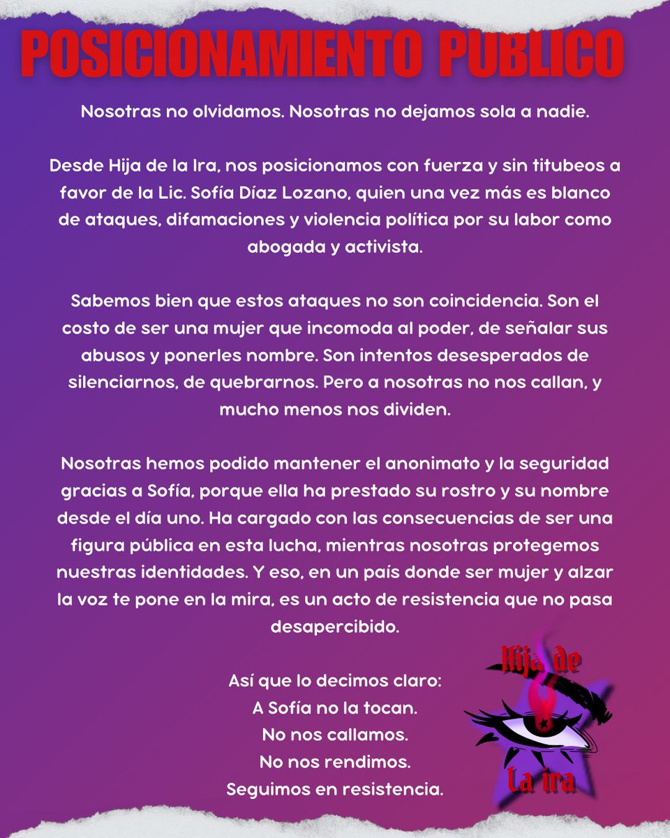 Nuestro total apoyo y respaldo a nuestra compañera activista <a href="/sofia_diazl/">Sofía Díaz Lozano</a> 💜✨✊🏻

NO NOS CALLAREMOS
NO NOS RENDIREMOS
SEGUIMOS EN RESISTENCIA

🔥🔥🔥
