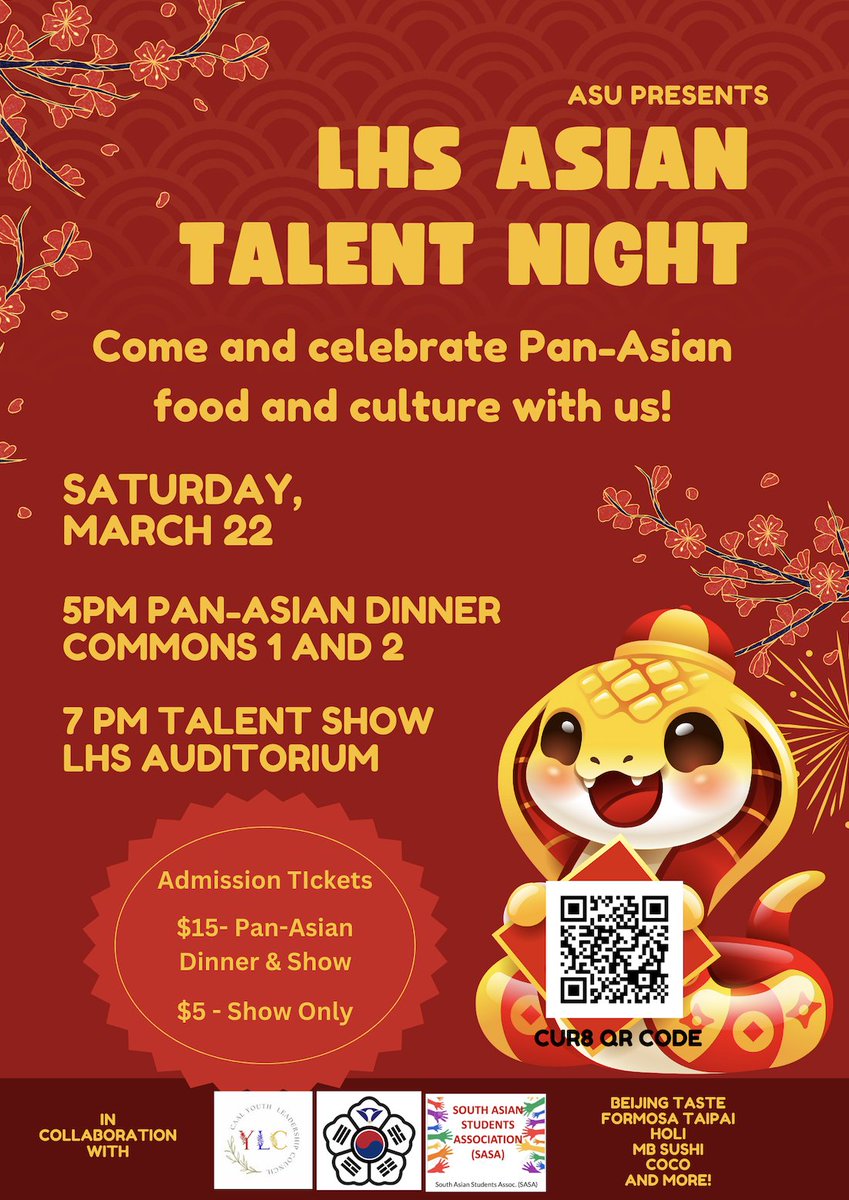 LHS Asian Student Union presents LHS Asian Talent Night this Sat, March 22nd, 7pm in the LHS Auditorium: $5 General Admission for show only and $15 for Pan-Asian dinner and show, dinner at 5pm before the show in LHS Commons 1 and 2! Buy tickets here: cur8.com/40405/project/…
