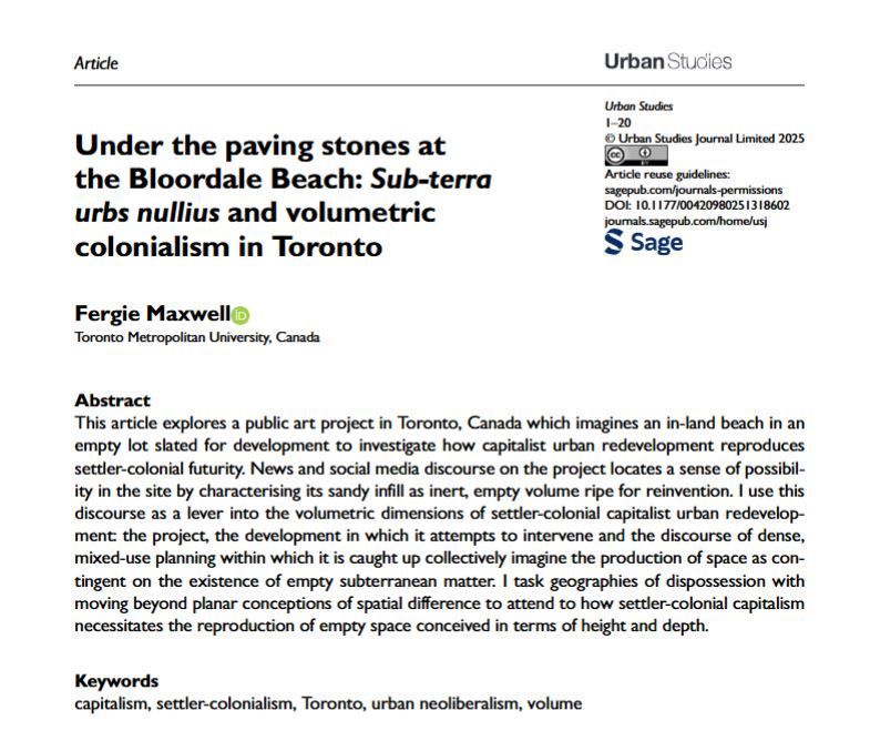 USJ_online's tweet photo. Fergie Maxwell explores a public art project in #Toronto Canada which imagines an in-land beach in an empty lot slated for development to investigate how capitalist #UrbanRedevelopment reproduces #SettlerColonial futurity 
https://t.co/Qvaf0tdM0U 
#OpenAccess https://t.co/T1jgbu6JVY