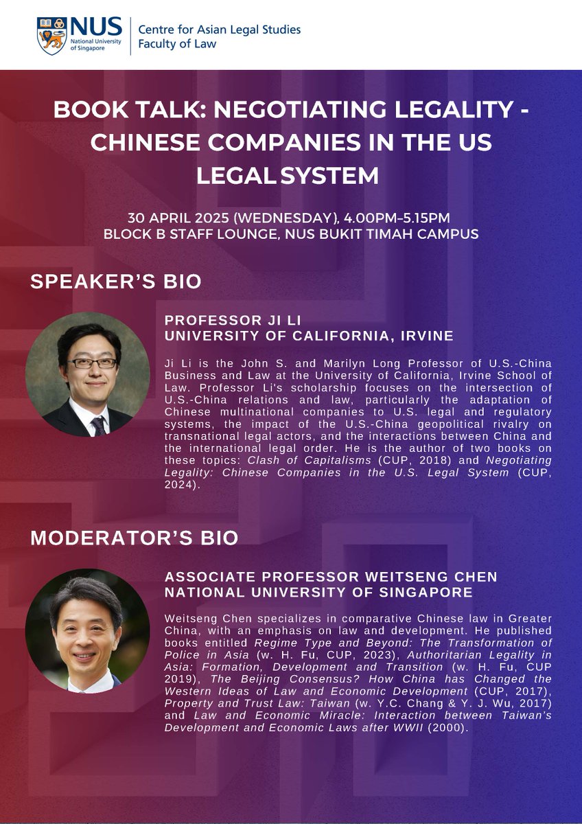 Join us for the CALS Book Talk: Negotiating Legality - Chinese Companies in the U.S. Legal System on 30 April 2025 (Wednesday), from 4.00PM to 5.15PM (SGT)!

Register here: tinyurl.com/cals250430
Registration closes on 27 April 2025.
